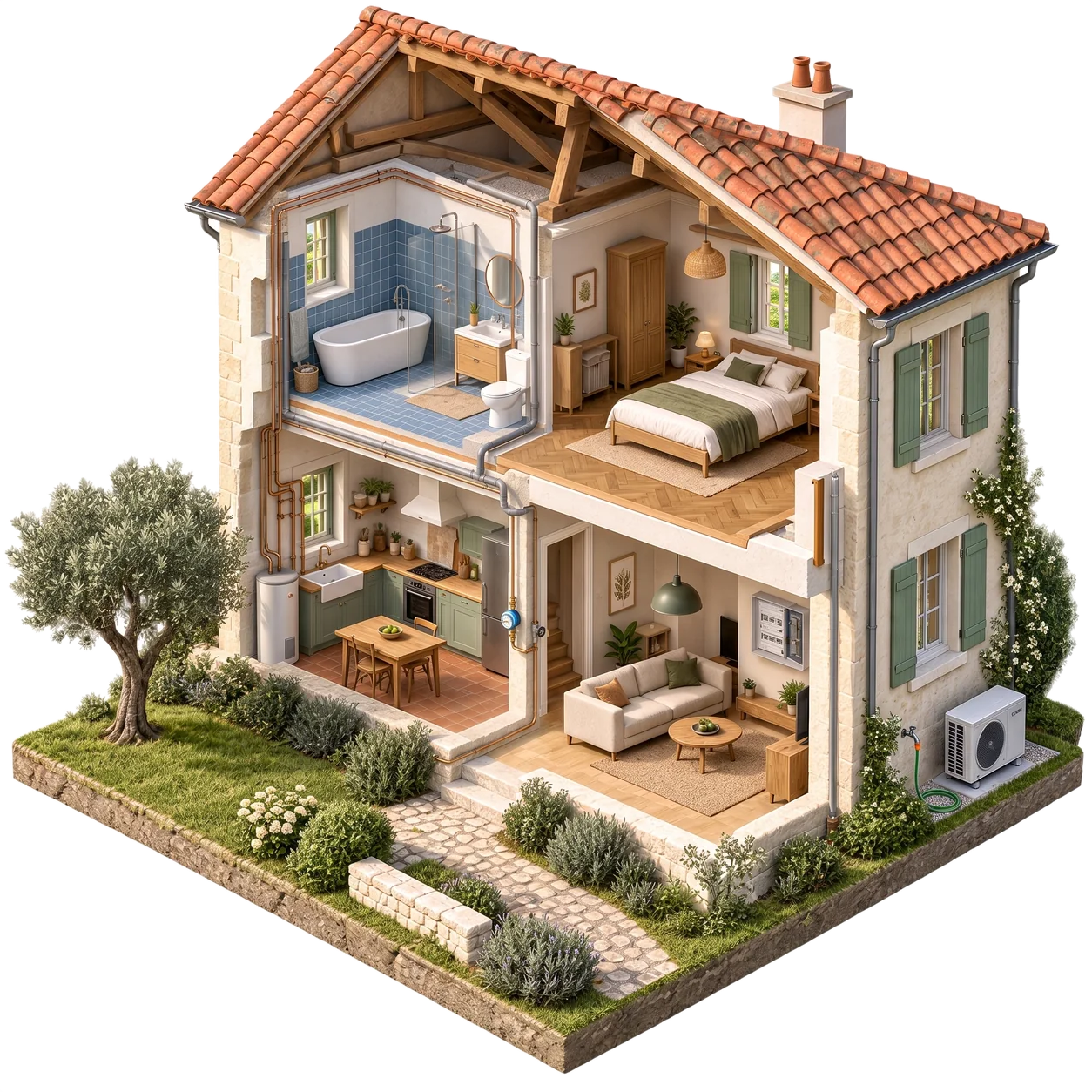 Maison en coupe montrant les interventions courantes d’un plombier, illustration générée par IA
